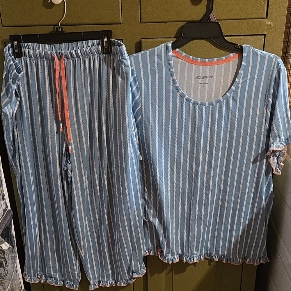Cuddl Duds Light Blue and White Striped Pajama Set with Pink Trim